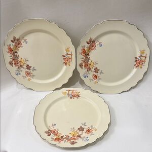 Lido WS George Canarytone Vintage Floral 9 1/2 Inch Dinner Plates Set 3 Made USA